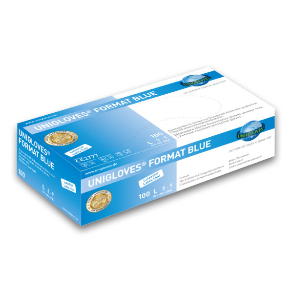 1000 Nitrilhandschuhe Unigloves Format Blue - Gr. S - XL - unsteril - puderfrei - blau - Chemikalienschutz EN 374 - Lebensmittel zugelassen