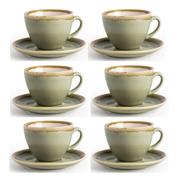Olympia Kiln Cappuccinotassen + Untertassen Moos - 23cl - Porzellan - 6 Sets