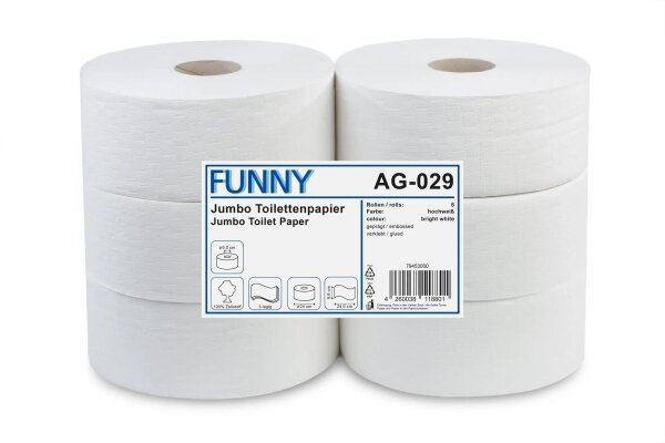 Jumbo Toilettenpapier FUNNY - 3 - lagig - Ø 24 cm - weiß - 6 Rollen