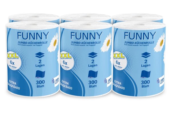 Funny Jumbo Küchenrollen - 2-lagig - a 300 Blatt - Zellstoff - weiß - 6 Rollen