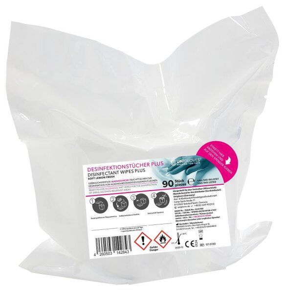 UNIGLOVES Desinfektionstücher Plus-Soft - lemon fresh - 2 x 90 Stück